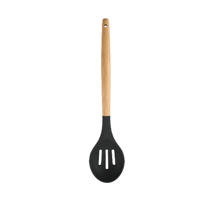 Conjunto de Utensílios de Cozinha em Silicone Preto - Espátula Antiaderente, Pá, Batedores de Ovos com Cabo de Madeira -  para Culinária