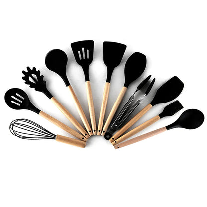 Conjunto de Utensílios de Cozinha em Silicone Preto - Espátula Antiaderente, Pá, Batedores de Ovos com Cabo de Madeira -  para Culinária