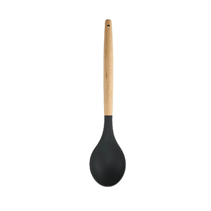 Conjunto de Utensílios de Cozinha em Silicone Preto - Espátula Antiaderente, Pá, Batedores de Ovos com Cabo de Madeira -  para Culinária