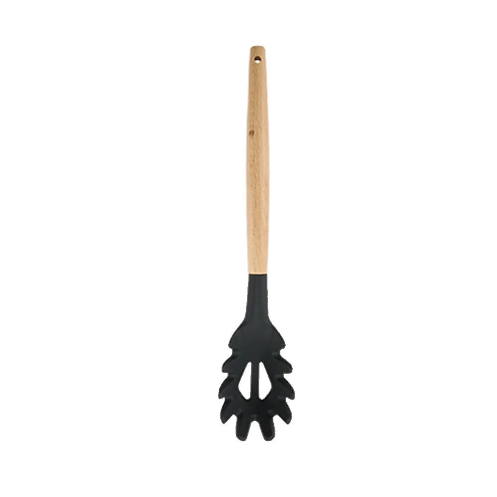 Conjunto de Utensílios de Cozinha em Silicone Preto - Espátula Antiaderente, Pá, Batedores de Ovos com Cabo de Madeira -  para Culinária