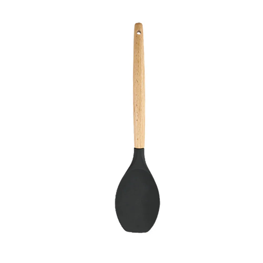 Conjunto de Utensílios de Cozinha em Silicone Preto - Espátula Antiaderente, Pá, Batedores de Ovos com Cabo de Madeira -  para Culinária