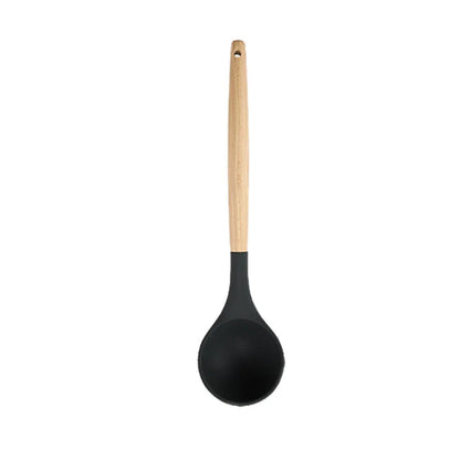 Conjunto de Utensílios de Cozinha em Silicone Preto - Espátula Antiaderente, Pá, Batedores de Ovos com Cabo de Madeira -  para Culinária